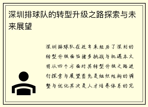 深圳排球队的转型升级之路探索与未来展望